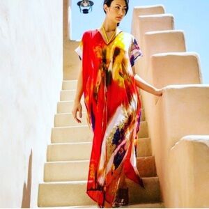 NEW Michael Stars Caftan Swimsuit Coverup Pastel Gardens Ruche Waist One Size